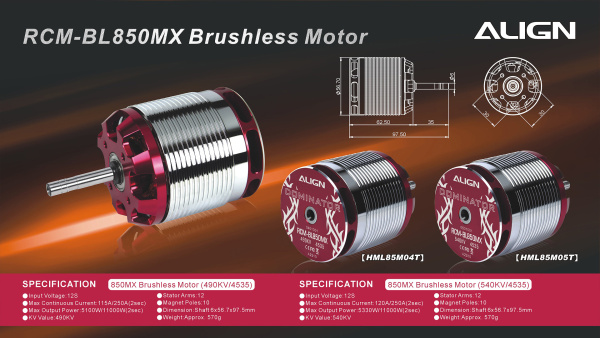 850MX Brushless Motor(490KV/4535) HML85M04 - Kliknutm na obrzek zavete